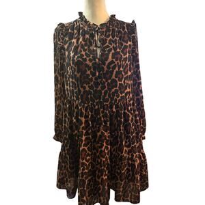 J.Crew Leopard Print Tiered Mini Dress, Ruffle Neck Chiffon, Oversized XS